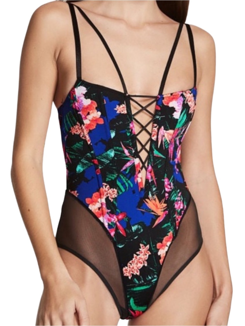 NWOT Victoria’s Secret Lace-Up Floral Mesh One-Piece Bodysuit